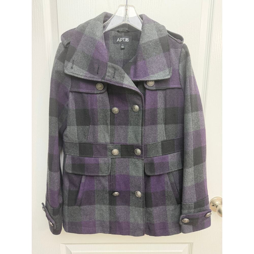 Women’s APT. 9 Plaid Pea Coat Purple Gray Black Medium